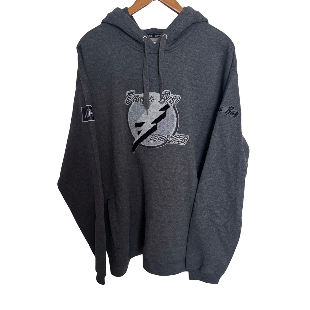 Majestic Tampa Bay Lightning NHL Hoodie Grey Embroidered Sweatshirt Mens Large